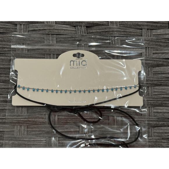 Mia Collection Blue Beaded Choker Necklace Black Suede Cord Adjustable USA Made - Picture 1 of 3
